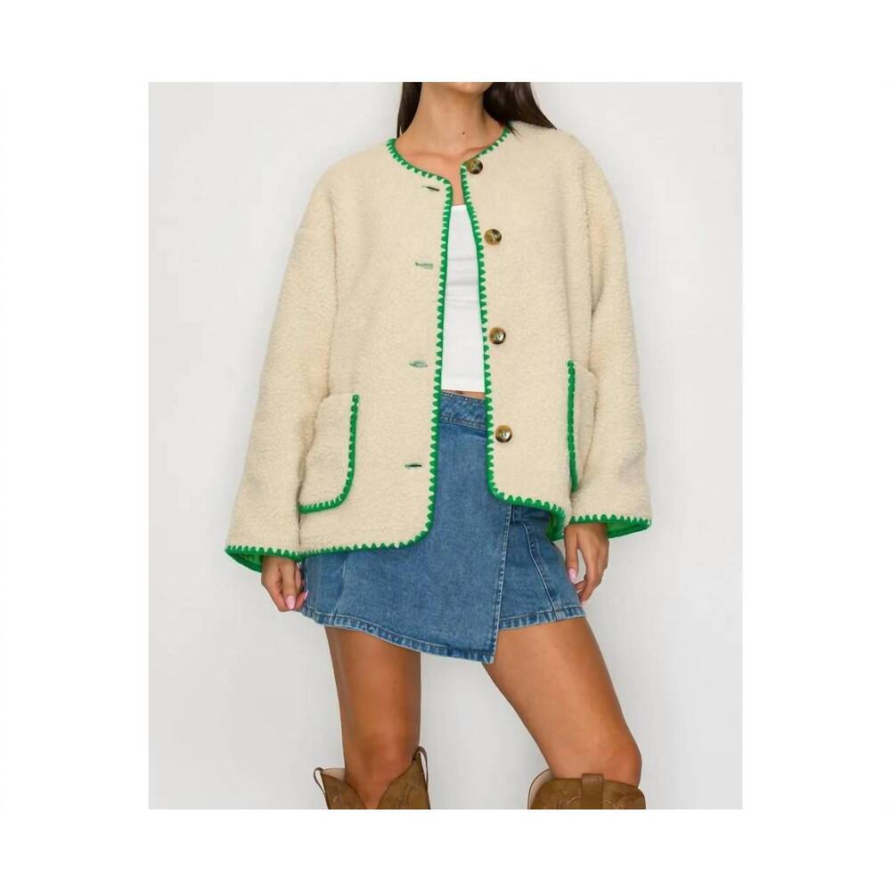 NEW LOVE WEDNESDAY clover button down jacket in cream/green